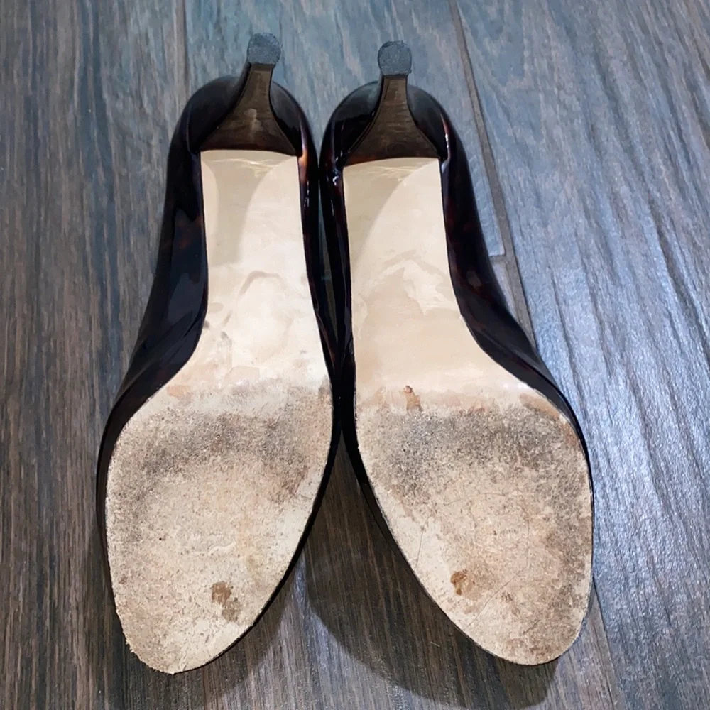 Stuart Weitzman patent leather l brown platform open toe pumps heels size 8.5M